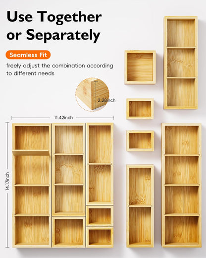 Bamboo Drawer Organizer with 9 Adjustable Compartments, Office Desk Organization Tray for Office Utensils, Supplies, Makeup, Jewelry, and More – Ideal for Desk or Drawer Storage