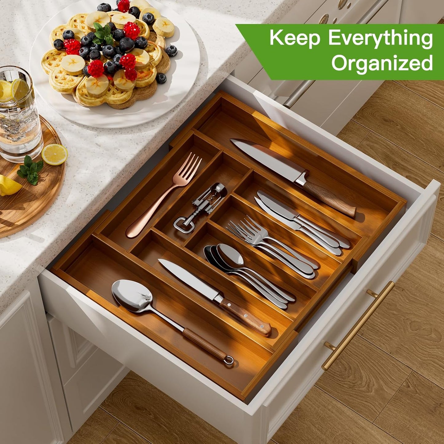 Pipishell Bamboo Expandable Silverware Drawer Organizer, Adjustable Kitchen Utensil Tray for Forks, Spoons and Knives, Wood Storage Cutlery Holder for Bedroom and Living Room