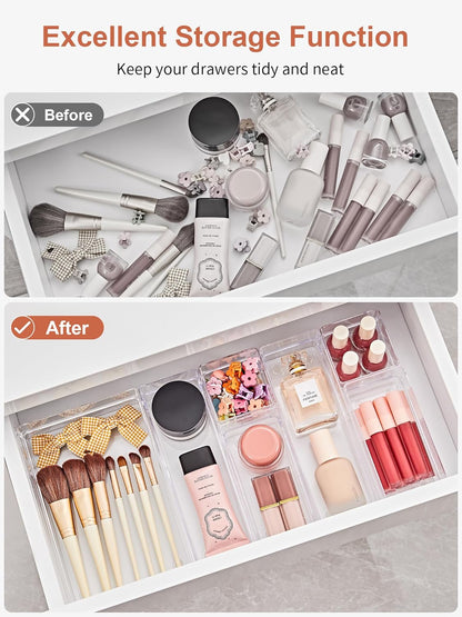SMARTAKE 13-Piece Drawer Organizer with Non-Slip Silicone Pads, 5-Size Desk Drawer Organizer Trays Storage Tray for Makeup, Jewelries, Utensils in Bedroom Dresser, Office and Kitchen (Clear)