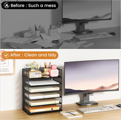 Subekyu 6 Tier Office File Paper Desk Tray Organizer with Handle, Stackable Slide Mesh Letter Tray Folder Blue Desk Organizer, Desktop Document Sorter for Classroom, Office, Home Supplies Storage
