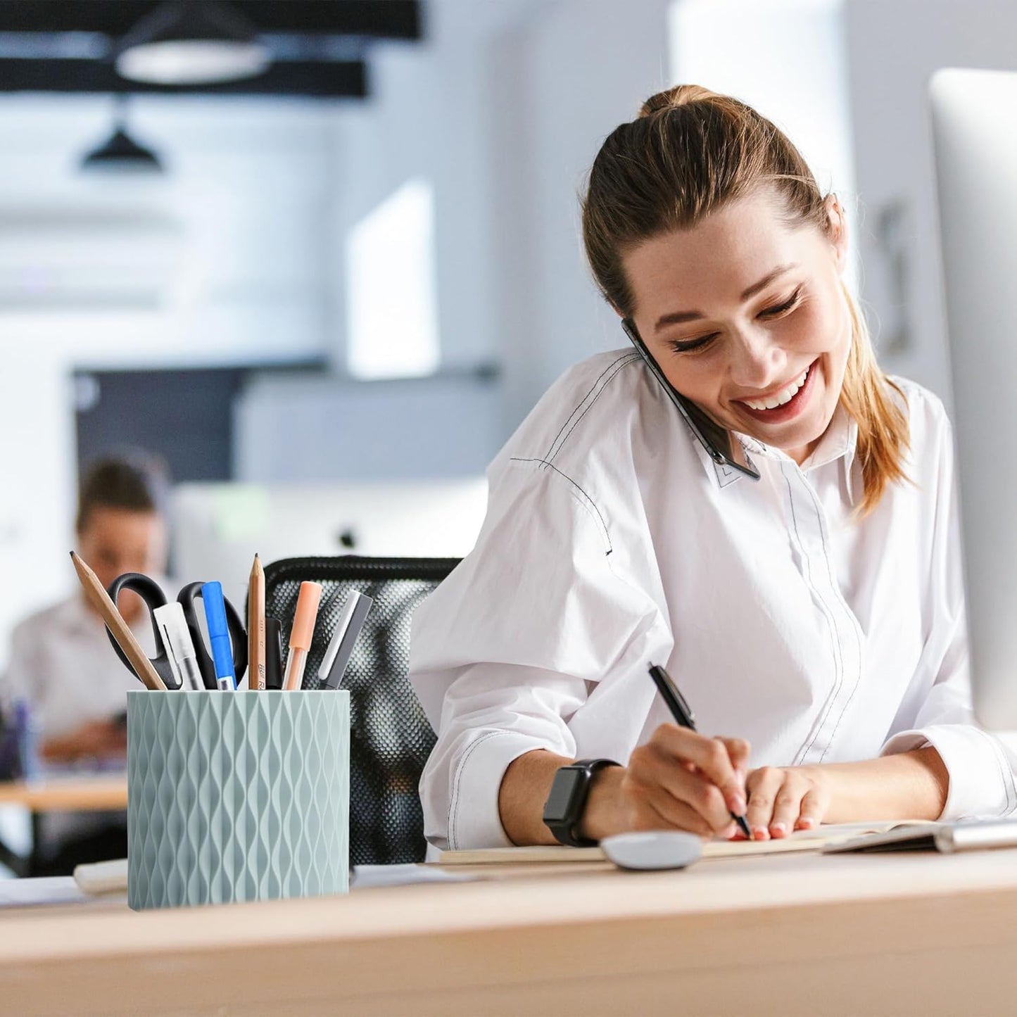 Pencil Holder - 360° Rotation, 5 Slot Desk Supplies For Women Office Aesthetic. Pen Holder For Office&School, Desk Accessories(Blue)