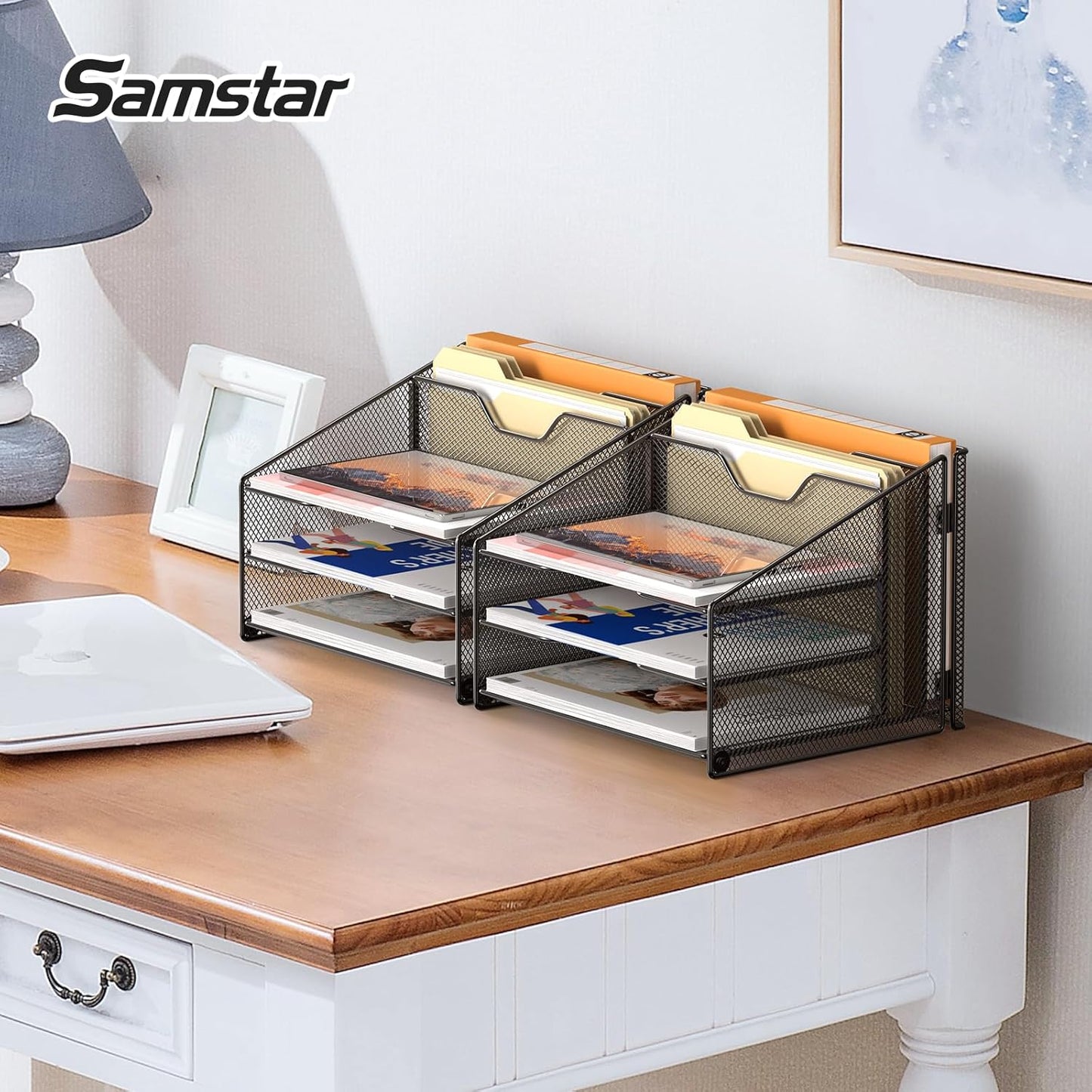 Samstar Desk File Organizer, Mesh Letter File Folder Holder with 3 Paper Trays and 2 Vertical Upright Section, for Office Supplies,Desk Accessories & Workspace,Black.