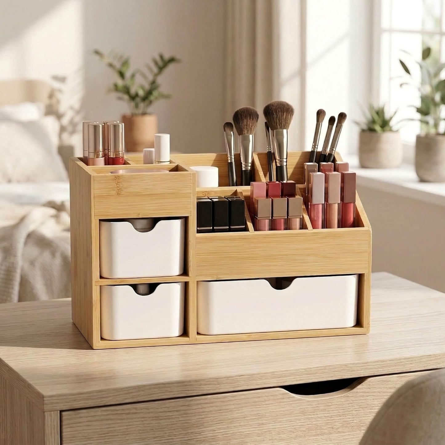 Bamboo Makeup Organizer with 3 Drawers & Adjustable Dividers, Desk Cosmetic Storage Box, Vanity Countertop Organizer for Bathroom, Office, Bedroom (11.5x5.4in)