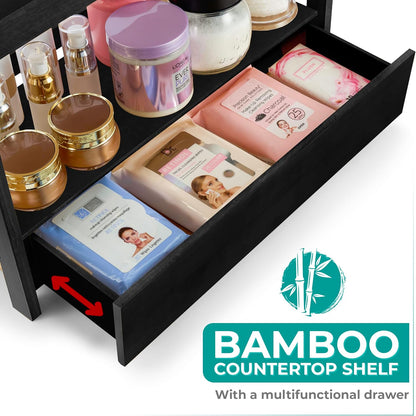 Sorbus Bamboo Bathroom Counter Organizer – 2-Tier Shelf with Hidden Drawer for Vanity, Matcha Station, Bathroom Sink Organizer Countertop, Kitchen & Office Storage (13″ L x 6.5″ W x 12.6″ H)