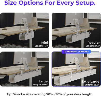 Ascrono Original No Drill Under Desk Cable Management Tray 27.3" - Premium White Fabric Cable Management Under Desk - Clamp/Screw Mount Cord Organizer - Supports Upto 66lbs