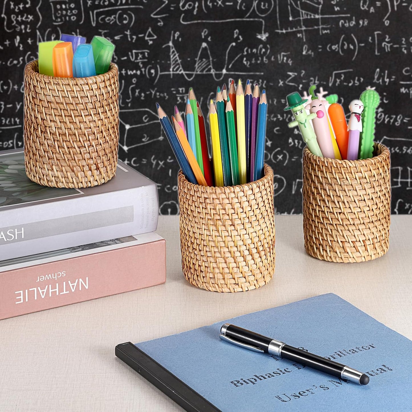 BTSKY Rattan Pen Cup, Handmade Desk Pencil Holders Makeup Brush Holder Multi-Functional Woven Basket Office&Home Desktop Organizer(Cone)