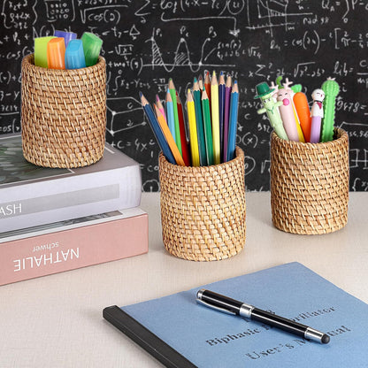 BTSKY Rattan Pen Cup, Handmade Desk Pencil Holders Makeup Brush Holder Multi-Functional Woven Basket Office&Home Desktop Organizer(Cone)