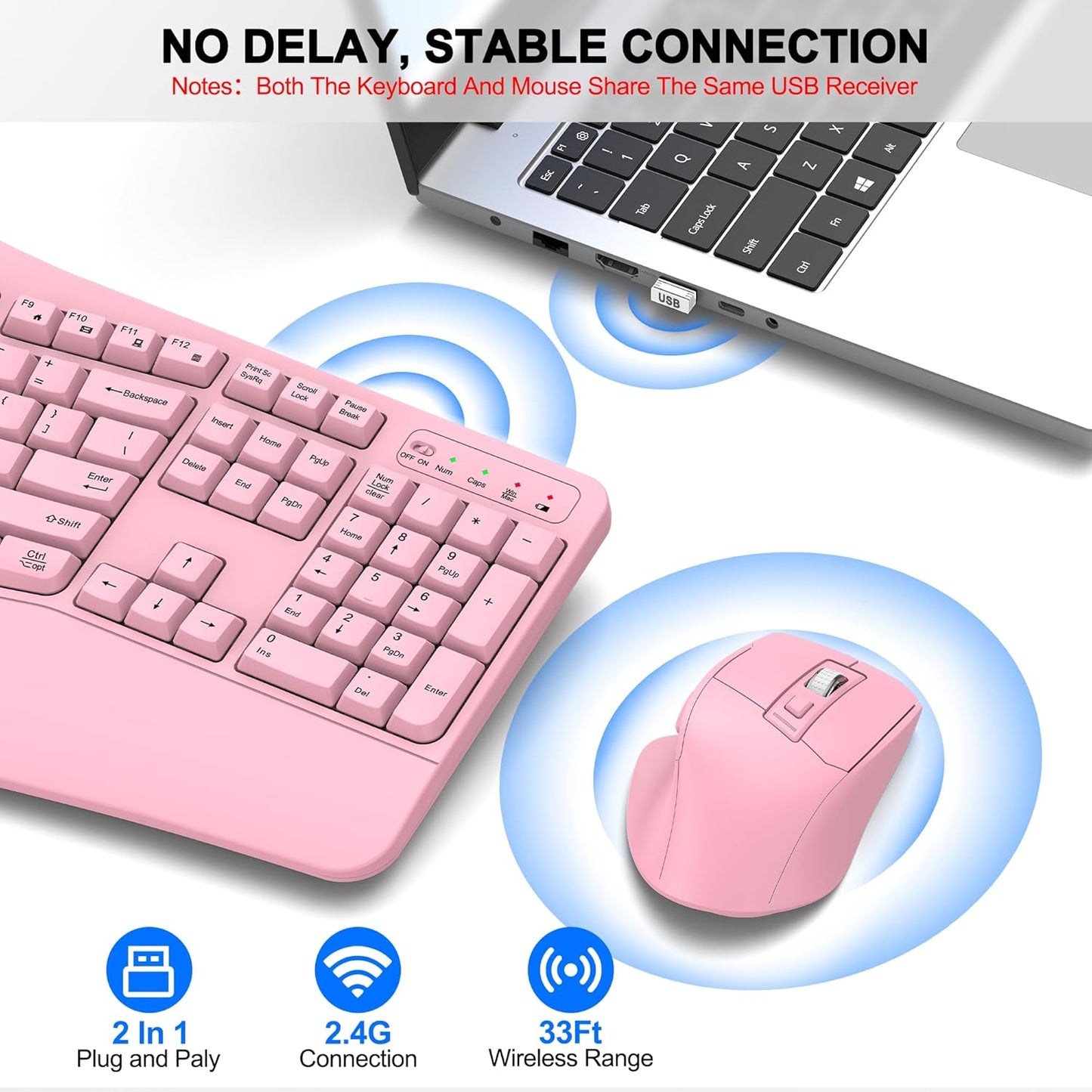 Wireless Keyboard and Mouse Combo, 2.4G Full Size Wave Keys Ergonomic Keyboard with Wrist Rest and 3-Level DPI Adjustable Wireless Ergonomic Mouse for Windows, Mac OS Desktop/Laptop/PC(Black)