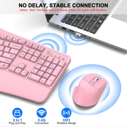 Wireless Keyboard and Mouse Combo, 2.4G Full Size Wave Keys Ergonomic Keyboard with Wrist Rest and 3-Level DPI Adjustable Wireless Ergonomic Mouse for Windows, Mac OS Desktop/Laptop/PC(Black)