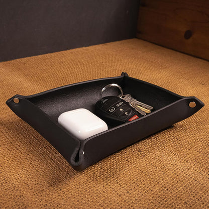 Valet Tray – Full-Grain Leather Catchall Organizer for Keys, Phone & Wallet – Rustic Nightstand & Desk Tray with Raised Sides – Handmade in USA (Vintage Brown, Small Rectangle)