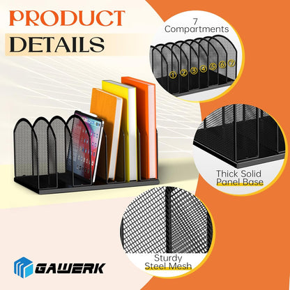 Gawerk 7-Section Metal Upright File Sorter Organizer, Office Small Letter Sorter Desktop File Organizer Metal Mesh Iron Sole, Black