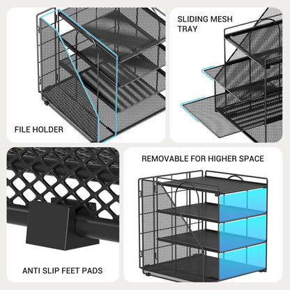 Desk Organizer, 4-Tier Metal File Organizer for Desk with Vertical File Holder, Office Accessories and Desktop Storage for Office Supplies (Black)