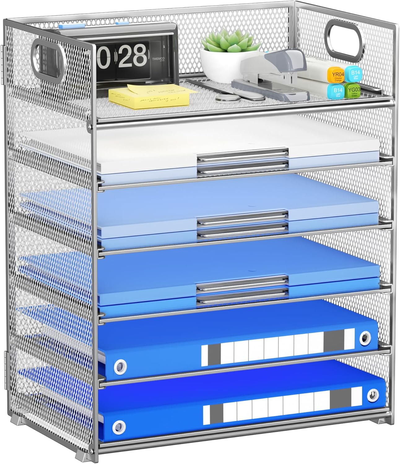 Paper Organizer Letter Tray with Handle, 5-Tier Black Stackable Desk Organizer with Metal Mesh, Sturdy Paper Tray for Office Desk, Home & Classroom Supplies Storage