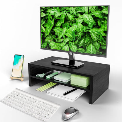 Simpple Trending Monitor Stand Riser, 2 Tier Wood Office Desk Storage Organizer for Laptop, Computer, Black
