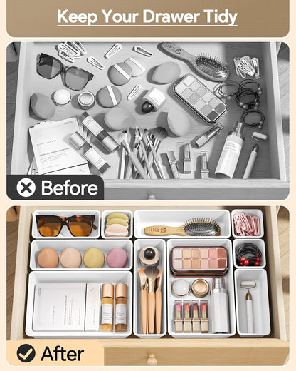 KEMETHY 25 PCS Plastic Drawer Organizers Set, 4 Sizes Vanity Organizer, Makeup and Desk Drawer Organizer Trays, Organization and Storage for Makeup, Bathroom, Kitchen Utensils and Office (Black)