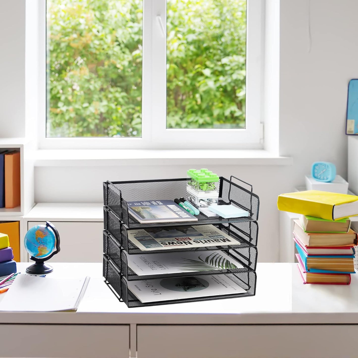 EASEPRES 2 Pack Stackable Desk Paper Tray, Metal Mesh Desktop Document Letter File Organizer for Office Home School, 13.5'' L x 9.75'' W x 5.5'' H, White