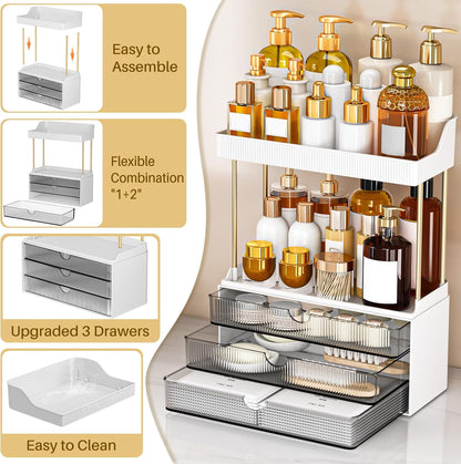 caktraie 12.2" W Makeup Organizer Drawers - 5 Tiers Bathroom Counter Organizer, Cosmetic Storage Drawer for Dresser Countertop and Bathroom Vanity for Large Skincare, Perfume, Clear
