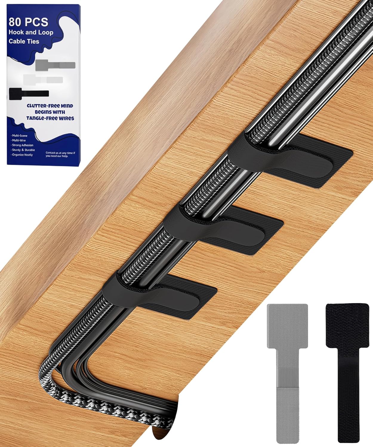 80PCS Hook and Loop Cable Ties, Under Desk Cable Management, Adhesive Cable Straps, Cord Management Hider Idea, Cord Organizer for Desk, Computer Accessories, Home Office Organization, Black+White