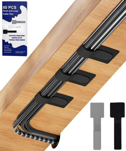 80PCS Hook and Loop Cable Ties, Under Desk Cable Management, Adhesive Cable Straps, Cord Management Hider Idea, Cord Organizer for Desk, Computer Accessories, Home Office Organization, Black+White