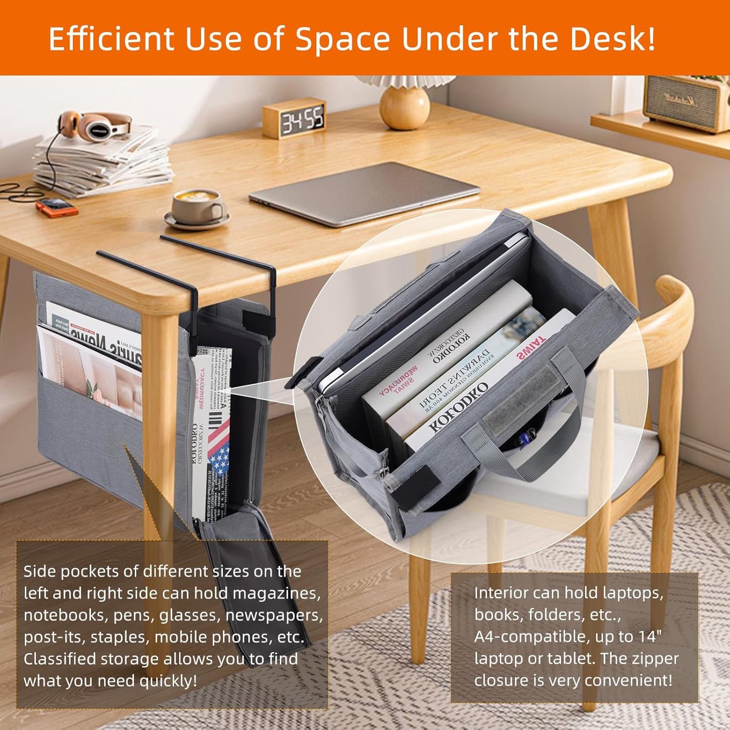 MASTLU Under Desk Hanging Storage Bag, Desk Organizer Storage, Office Side Storage Bag, Compatible with A4 Files, Detachable Handle Design, No Assembly Required, For Office Home School (Black)