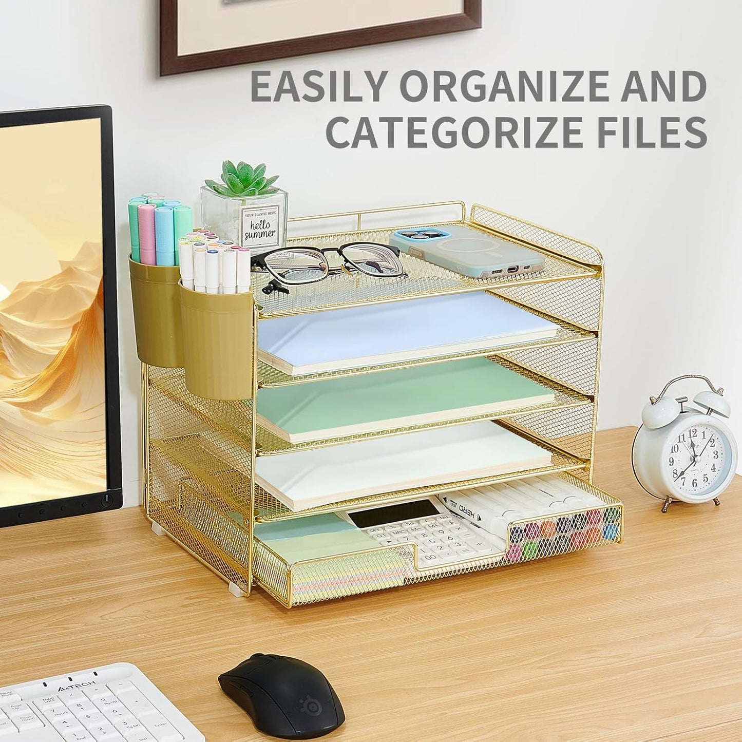 LEKETREE Desk Organizers and Accessories, 5-Tier Paper Letter Tray Organizer with File Holder, Desktop Organizer for Office Supplies (Black)