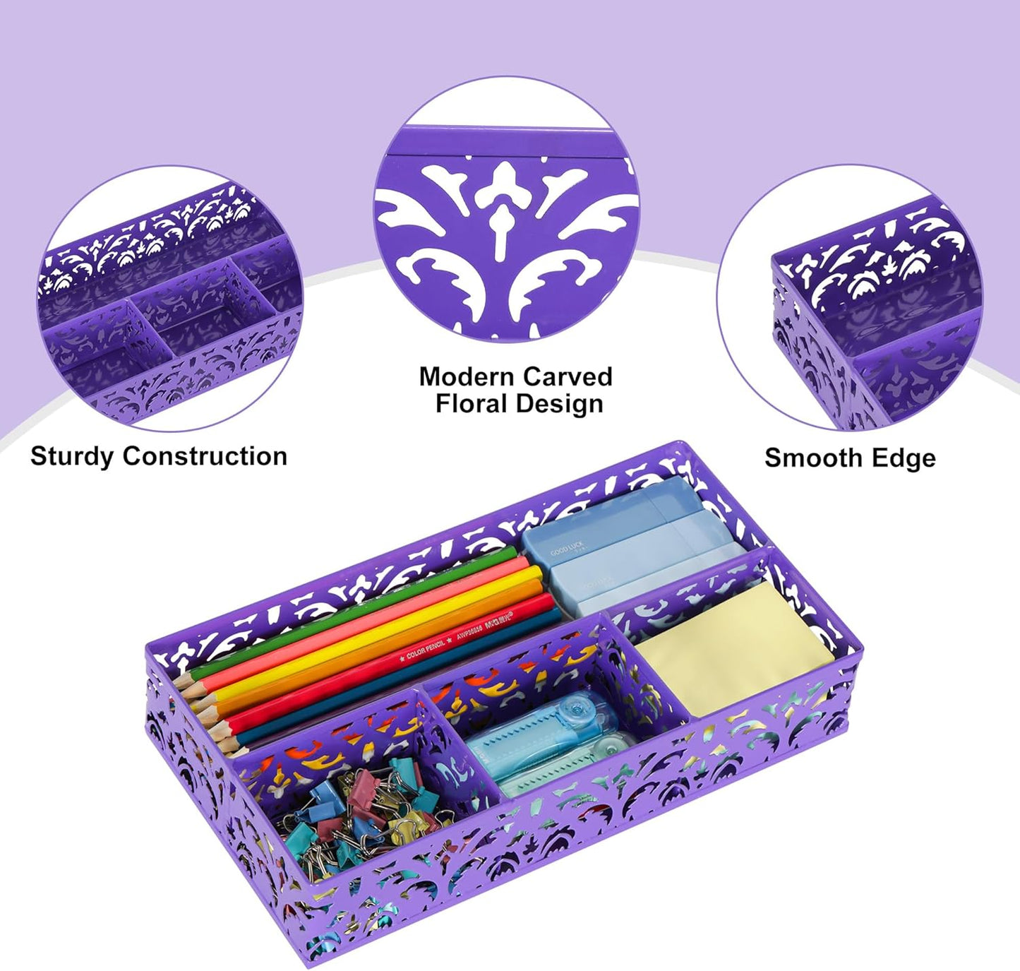 EasyPAG Desk Drawer Organizer with 4 Compartments, Carved Hollow Floral Metal Tray for Office, Jewelry, Cosmetics - No Assembly, Purple