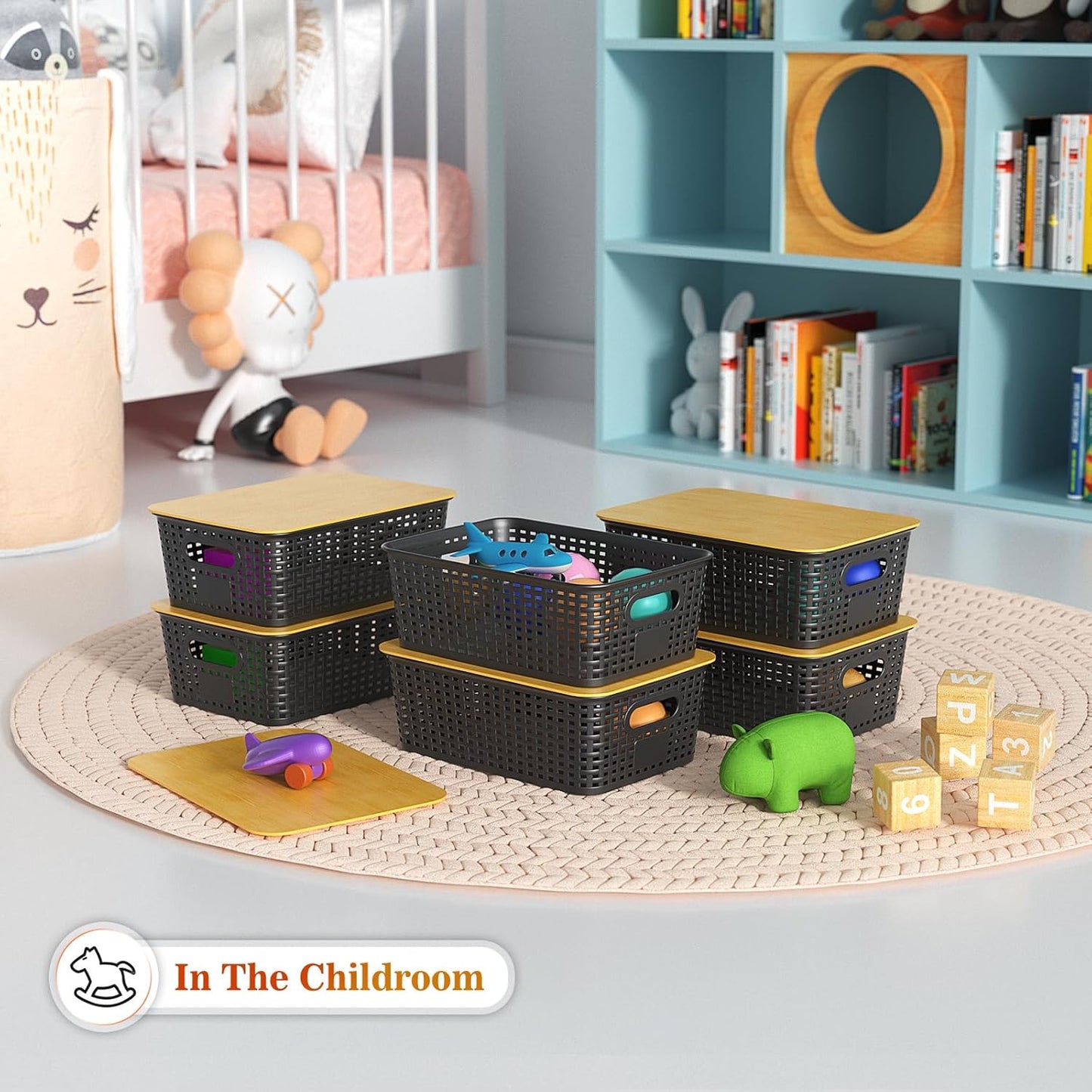 Ohmlove Plastic Storage Baskets With Bamboo Lid - Plastic Storage Containers Stackable Storage bins: Storage Baskets for Organizing Shelves Drawers Desktop Closet Playroom Classroom Office, 6 Pack