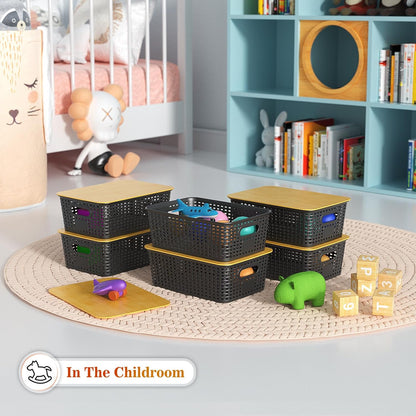 Ohmlove Plastic Storage Baskets With Bamboo Lid - Plastic Storage Containers Stackable Storage bins: Storage Baskets for Organizing Shelves Drawers Desktop Closet Playroom Classroom Office, 6 Pack