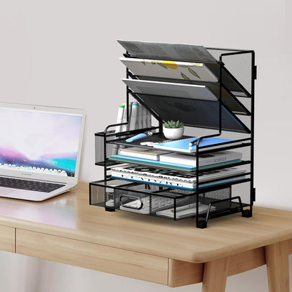 MINDEPOT 4-Tier Paper Organizer + 3-Pocket File Holder + Drawer + Pen Holders, Desktop File Organizers Paper Tray for Office Accessories School Classroom Organization (Black)
