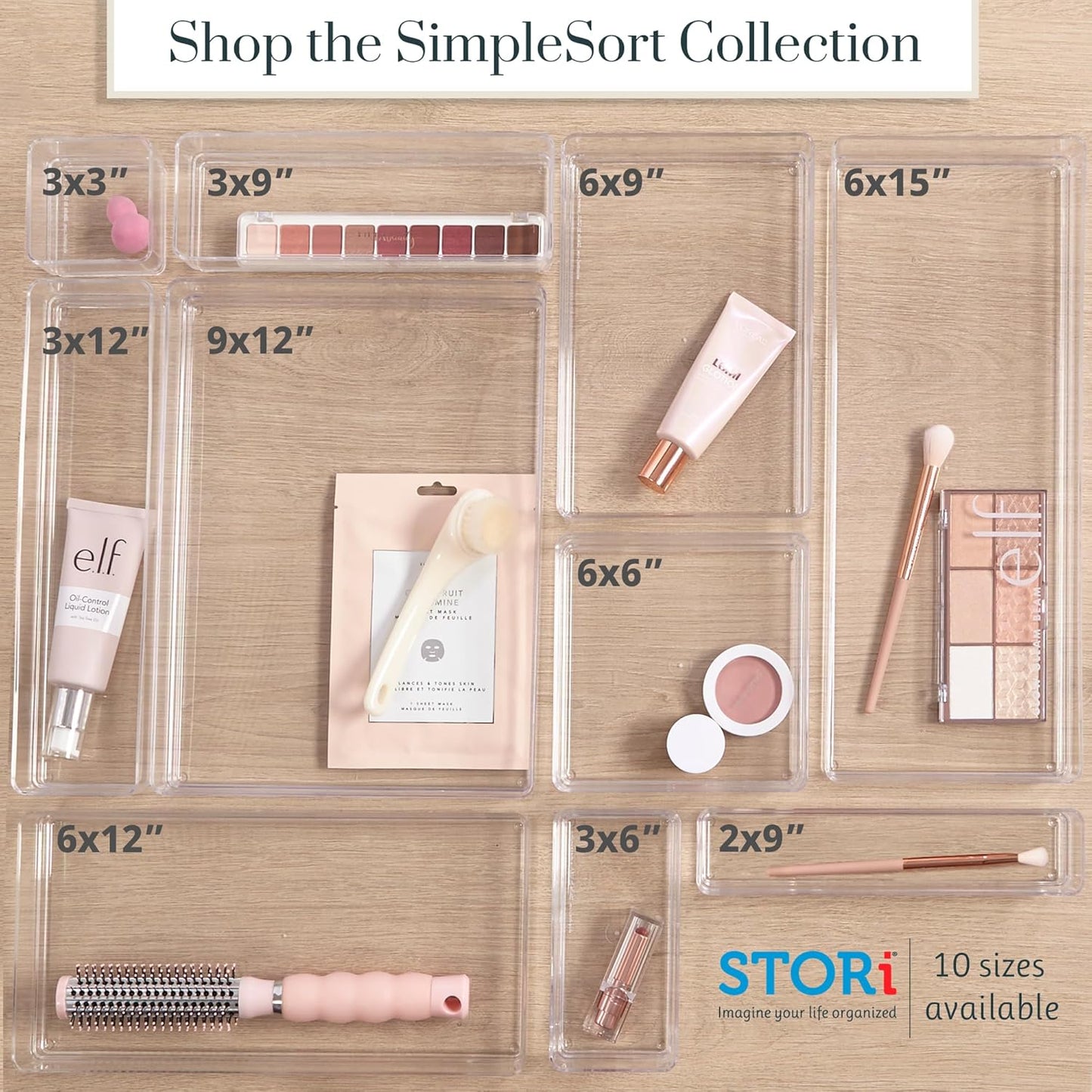 STORi SimpleSort 3-Piece Stackable Clear Drawer Organizer Set | 9" x 6" x 2" Rectangle Trays | Wide Makeup Vanity Storage Bins and Office Desk Drawer Dividers | Made in USA
