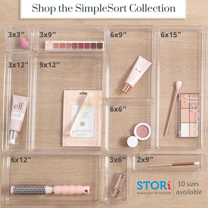 STORi SimpleSort 3-Piece Stackable Clear Drawer Organizer Set | 9" x 6" x 2" Rectangle Trays | Wide Makeup Vanity Storage Bins and Office Desk Drawer Dividers | Made in USA