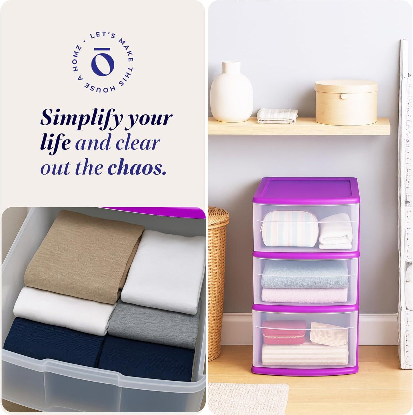 HOMZ Drawer Tower, 3-Tier Rolling Storage Cart with Removable Wheels, White Frame – Plastic Organizer with Clear Bin Drawers for Bedroom, Bathroom, Home Office, and Dorm Room