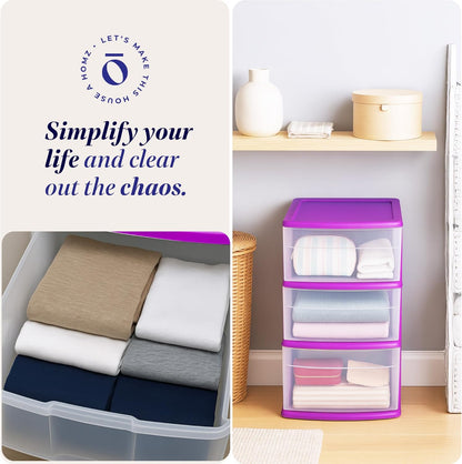 HOMZ Drawer Tower, 3-Tier Rolling Storage Cart with Removable Wheels, White Frame – Plastic Organizer with Clear Bin Drawers for Bedroom, Bathroom, Home Office, and Dorm Room