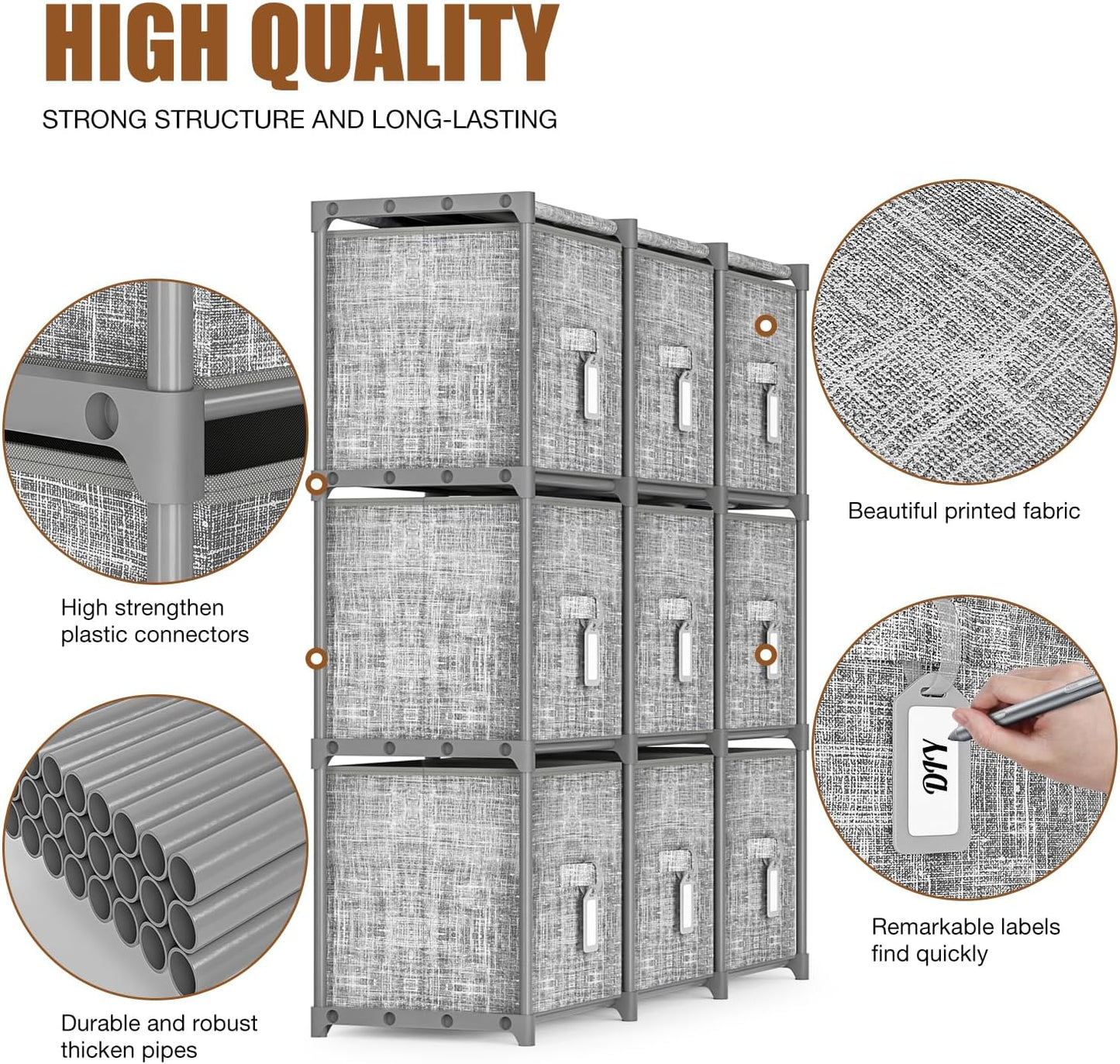 LUKYTOWER Cube Storage Organizer Shelf with Printed Bins + Labels, Cubby Storage Organizer with Bins, Large Capacity Shelves for Storage,Closet, Living Room, Dorm, Yarn (Grey, 6 Cube)