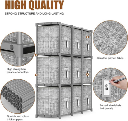 LUKYTOWER Cube Storage Organizer Shelf with Printed Bins + Labels, Cubby Storage Organizer with Bins, Large Capacity Shelves for Storage,Closet, Living Room, Dorm, Yarn (Grey, 6 Cube)