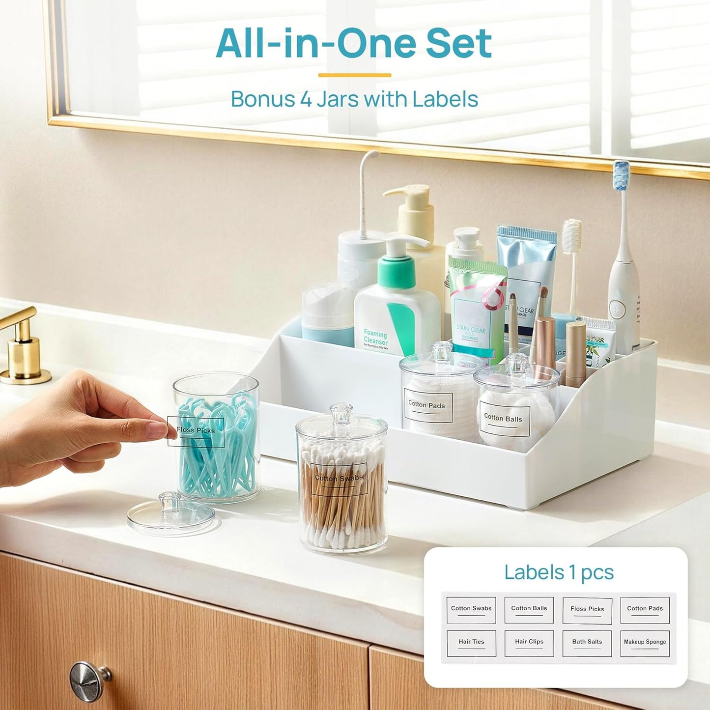 Vtopmart 6 PCS Bathroom Countertop Organizer, 1 Divided Tray with 4 Qtip Holder Jars and 1 Drawers, Restroom Clear Organizers for Toothbrush, Cotton Pads, Vanity Accessories Storage Set