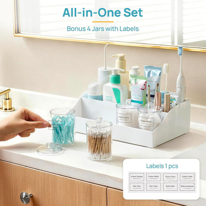 Vtopmart 6 PCS Bathroom Countertop Organizer, 1 Divided Tray with 4 Qtip Holder Jars and 1 Drawers, Restroom Clear Organizers for Toothbrush, Cotton Pads, Vanity Accessories Storage Set