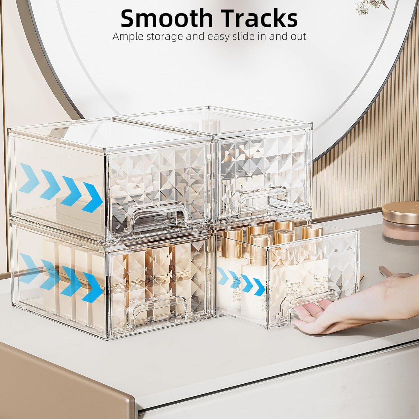 Delamu 6 Pack Stackable Storage Drawers, Makeup Skincare Holder Vanity Storage Organizer, Plastic Drawers For Vanity Desk, Undersink, Kitchen Cabinet, Pantry, Clear, Ideal Christmas Gifts for Girls