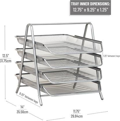 Mind Reader 4-Tier Paper Tray, Desktop Organizer, File Storage, Workspace, Office, Metal Mesh, 12"L x 13.75"W x 12.5"H, Black