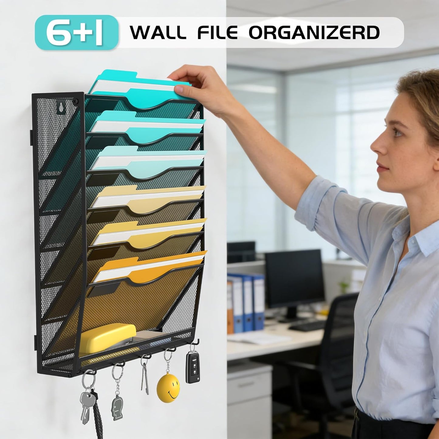 Delifox 7-Compartment Wall Mounted Hanging File Organizer Cubicle Wall File Holder Vertical Document Organizer for Office Home, Black