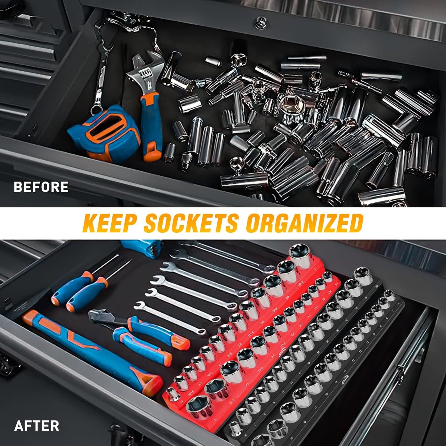 GOOACC 1/4" Magnetic Socket Organizer, 2 Pieces Socket Holder Metric SAE Socket Tray, 1/4 inch Socket Organizer Tray Holds 52 Standard Sockets for Tool Box Drawer
