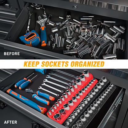 GOOACC 1/4" Magnetic Socket Organizer, 2 Pieces Socket Holder Metric SAE Socket Tray, 1/4 inch Socket Organizer Tray Holds 52 Standard Sockets for Tool Box Drawer