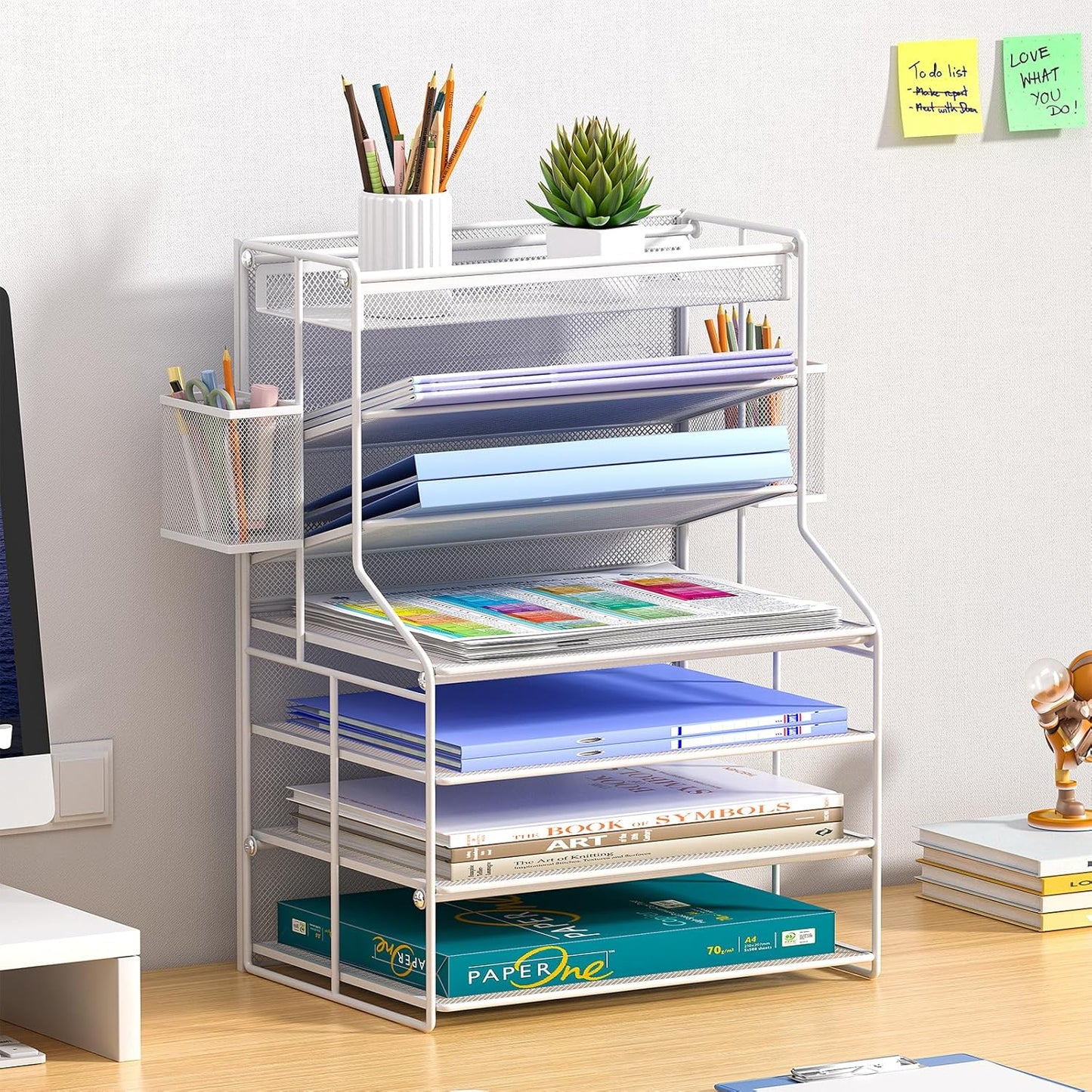 7 Tier Desk File Organizer – Vertical File Organizer for Desk with Removable Pen Holder & Adjustable Pull-out Drawer – Metal Document Organizer for Office, Simple Trending Design – Black