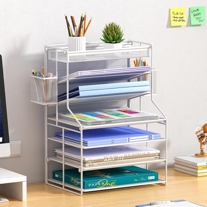 7 Tier Desk File Organizer – Vertical File Organizer for Desk with Removable Pen Holder & Adjustable Pull-out Drawer – Metal Document Organizer for Office, Simple Trending Design – Black