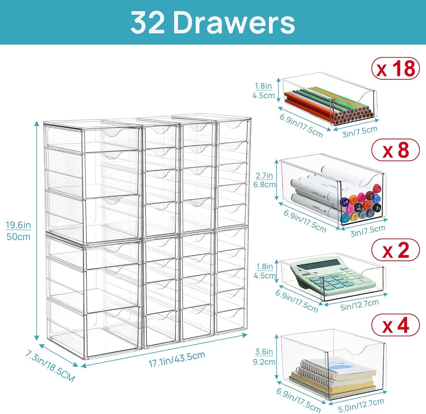 Vtopmart Acrylic Organizer with 16 Drawers (4 Set),Clear Storage Drawers for Office Supplies,Desk Organization and Storage for Makeup,Jewelry,Art Crafts
