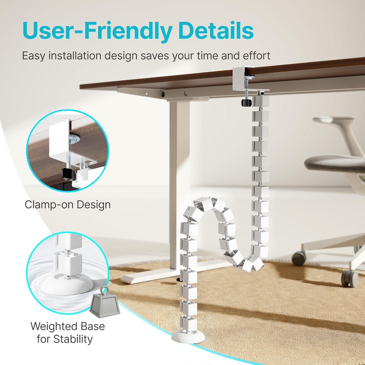 PEGZONE Under Desk Cable Management Spine – Flexible Cable Snake Organizer for Standing Desk, Tool-Free Magnetic Vertebrae Wire Management for 0.4"-2" Table, White