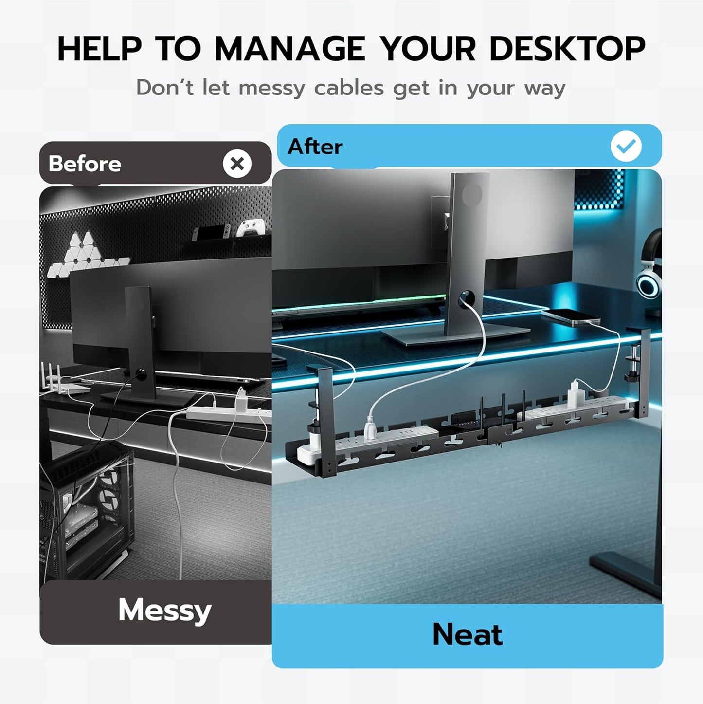 ARES WING 17"-28.7" Extendable Under Desk Cable Management Tray with Cable Slots, Clamp On Cord Organizer Holds Up to 11 lbs, White Metal Under Desk Storage for Office and Gaming Accessories