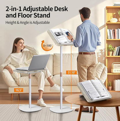 NAMON 2-in-1 Dual-use Floor & Desktop Book Stand, Sturdy Metal & Wood Build, Height Adjustable from 16.5" to 51", Floor Reading Stand for Sheet Music, Cookbooks, Projector (White, 11.8" x 16.5" Panel)