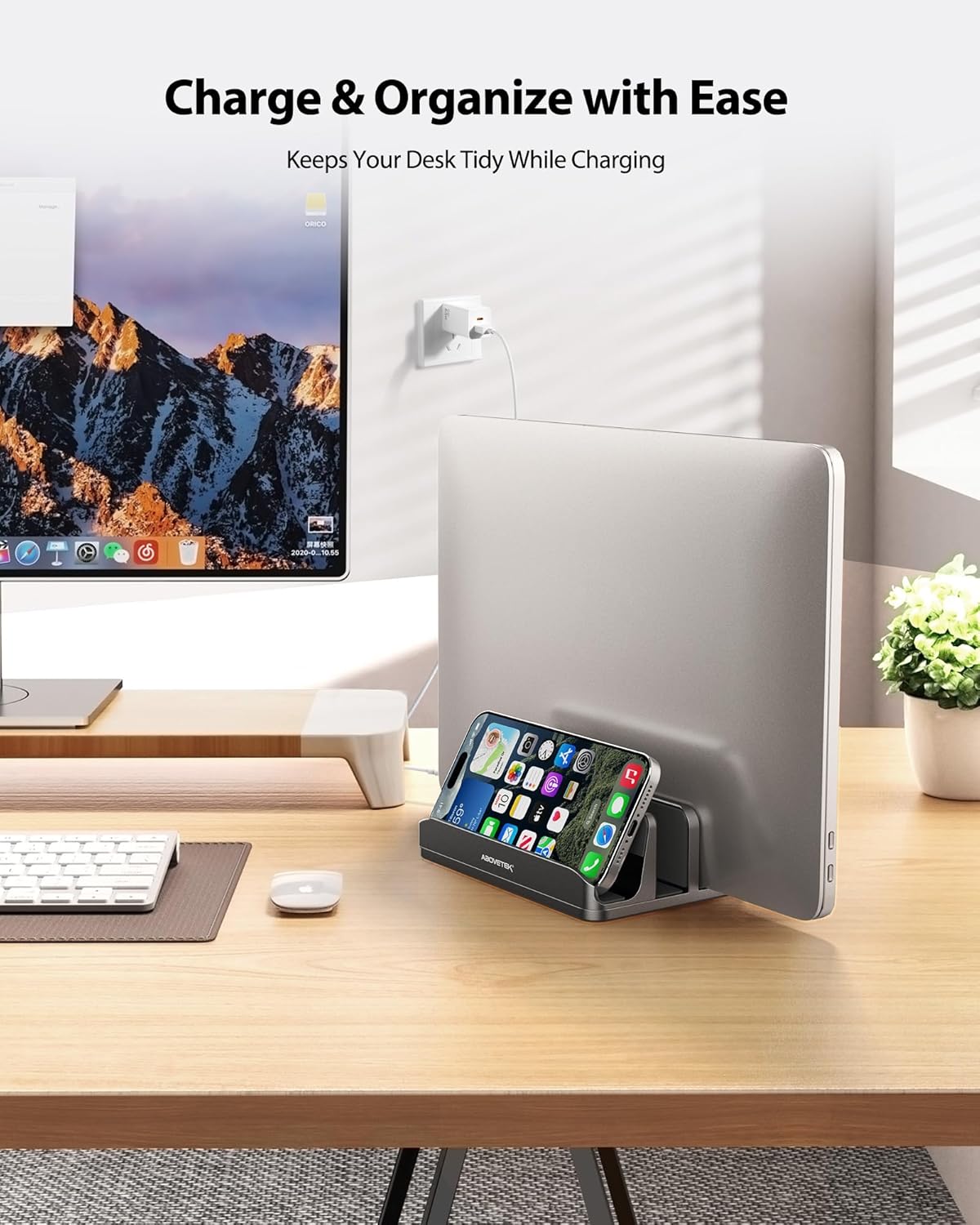 AboveTEK Vertical Laptop Stand, 3 Slots Aluminum Desk Laptop Holder & Laptop Docking Station Stand for MacBook, Tablet, Phone - Universal Fit (Up to 17.3") - Heavy Duty Polished, Anti Slide - Silver