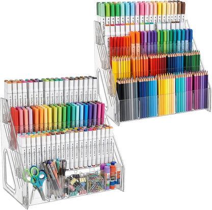 2 Pack Acrylic Desk Organizer, 4 Tier 20 Compartments Vertical Storage for Pens Art Supplies Home Classroom Back to School Office School Office Desk Desktop Stationery Pencil Storage